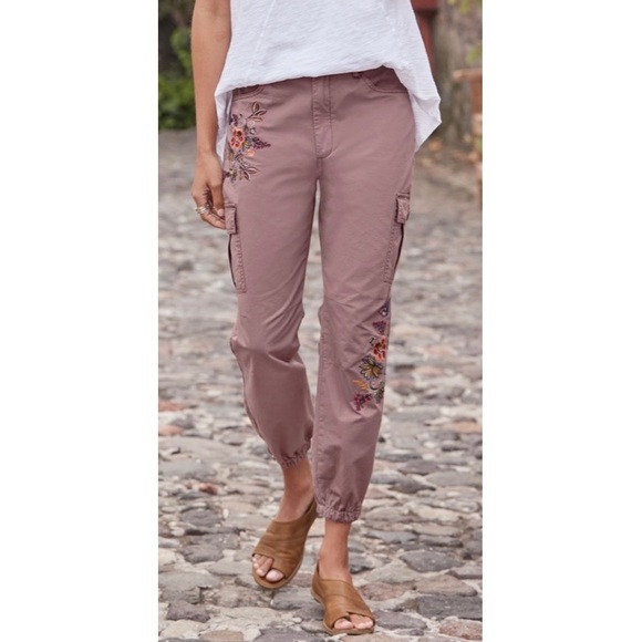 Sundance Floral Embroidered Cotton Vivant Cargo Joggers Pants Dusty Rose Size 2